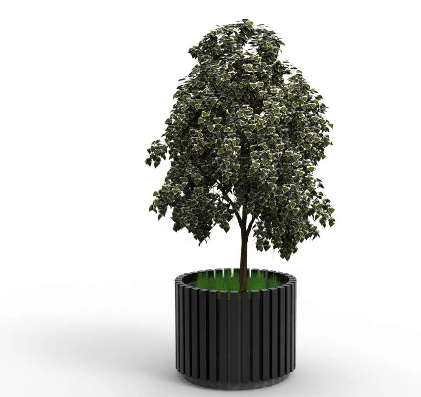 Macetero Mera de plástico reciclado negro con árbol